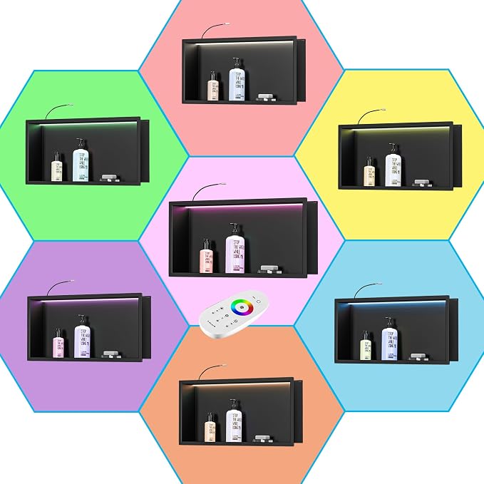 RGB LED Light Shower Niche, Matte Black 36X12 in Stainless Steel Wall Niche - Image 9