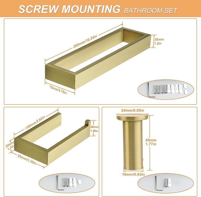 SAYAYO 6-Piece Bathroom Hardware Set Gold, Includes 10 Inch Towel Bar, Toilet - Image 7
