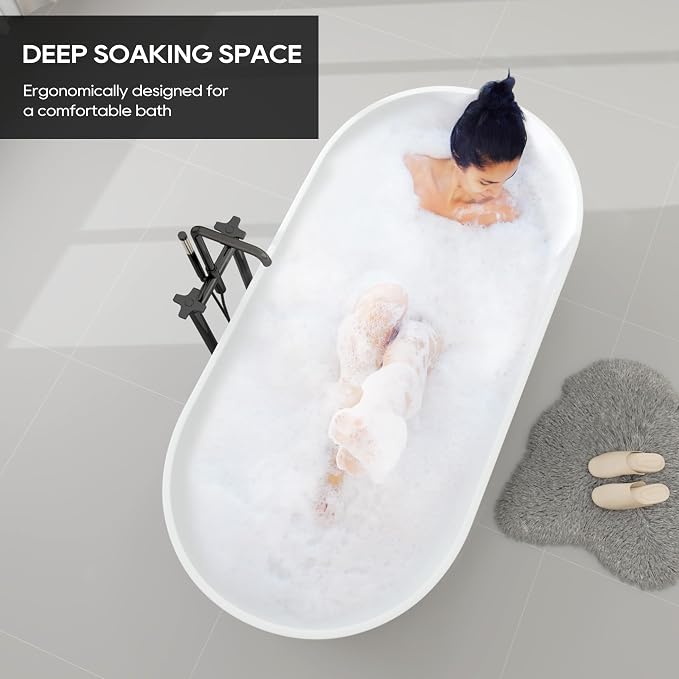 SJ STAR&JANE 55" Solid Surface Freestanding Bathtub, Stone Resin Oval Soaking - Image 9