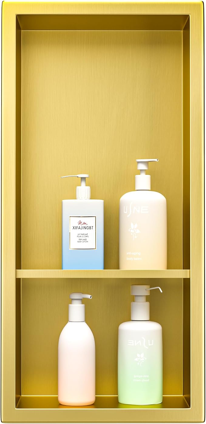 Stainless Steel Shower Niche 18"×8" Gold Double Shelf No Tiled Needed Niche - Image 6