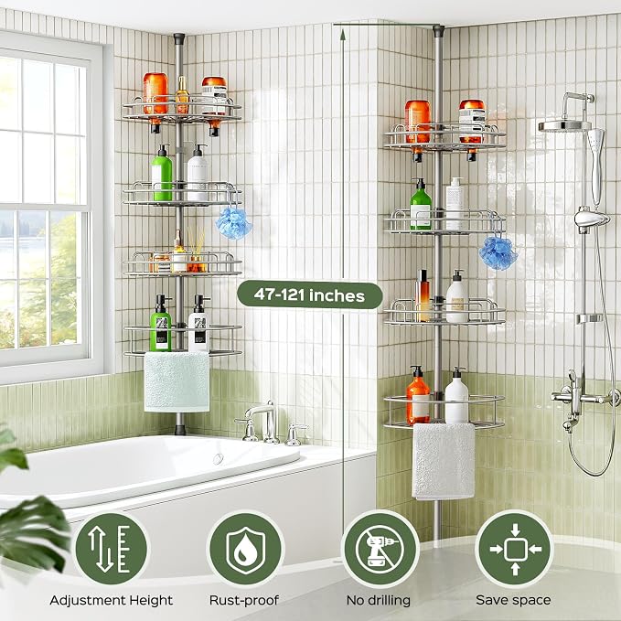 HAMITOR Corner Shower Caddy Tension Pole: 4-Tier Rust-Resistant Adjustable - Image 7