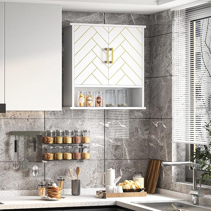 White Chevron Pattern Bathroom Wall Mount Cabinet, Stylish Hanging Medicine - Image 8