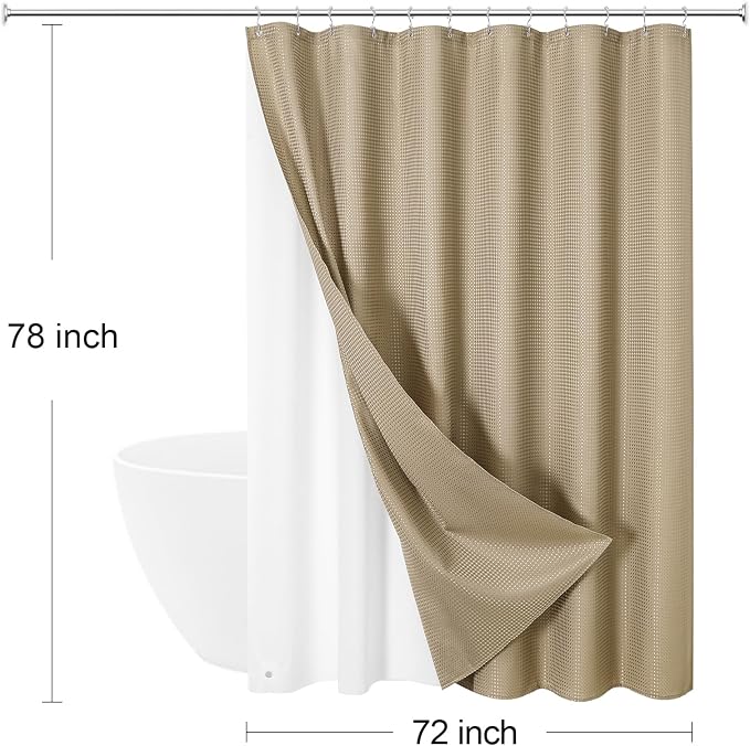 3 in 1 Long Beige Shower Curtain Set-72 W x 78 H, Tan Waffle and PEVA Liner Set - Image 8