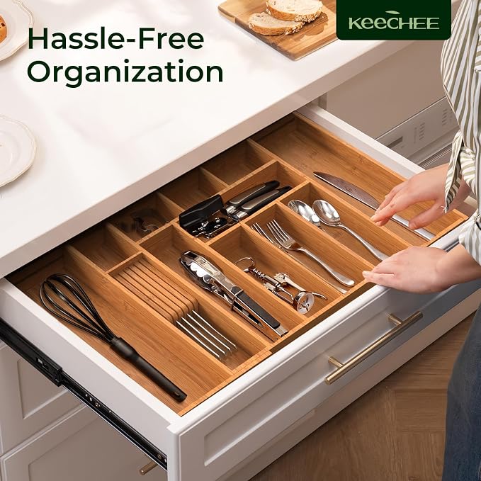 Carbonized Large Bamboo Kitchen Drawer Organizer, 12 Slots Expandable - Image 8