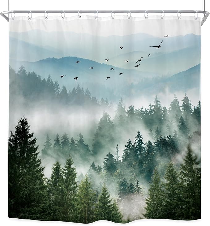 Riyidecor Long Green Shower Curtain 72Wx78H Inch Mountain Scenery Natural Pine - Image 8