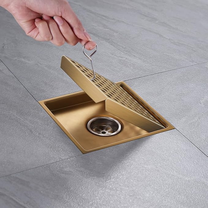 Shower Drain, Brushed Gold 6 inch Shower Floor Square Drain - Image 9