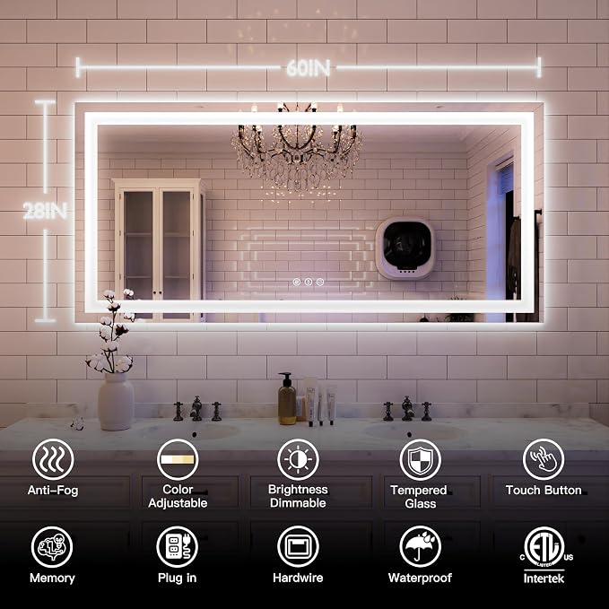 ISKM 60'' x 28'' LED Mirror for Bathroom Lighted Vanity Mirror for Wall Front - Image 7
