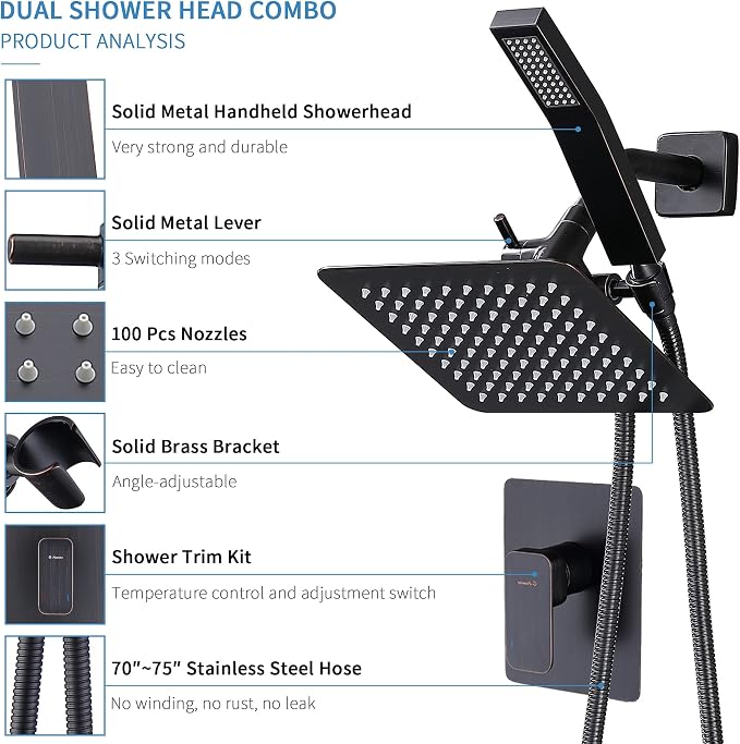 All Metal Shower Faucet Set, Dual Square Shower Head System - Image 7