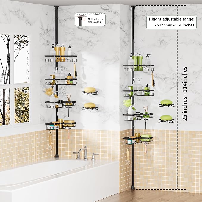 Corner Shower Caddy + 2 Soap Holders, 4 Tier Shower Caddy Tension Pole - Image 7