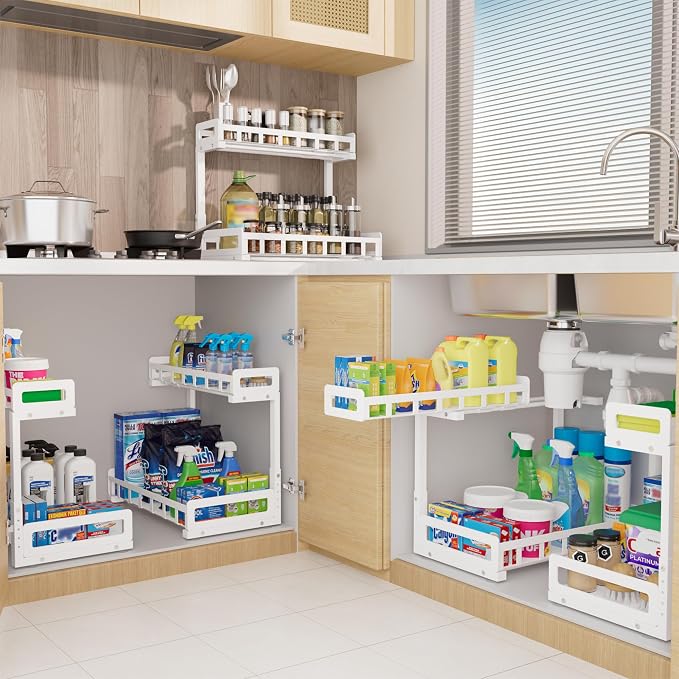 Under Sink Organizer 2 Pack, Metal Large Capacity 2-Tier Sliding Cabinet - Image 8