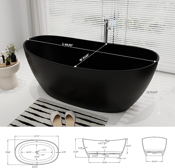 SJ STAR&JANE 65" Solid Surface Freestanding Bathtub Stone Resin Soaking Tub - Image 8