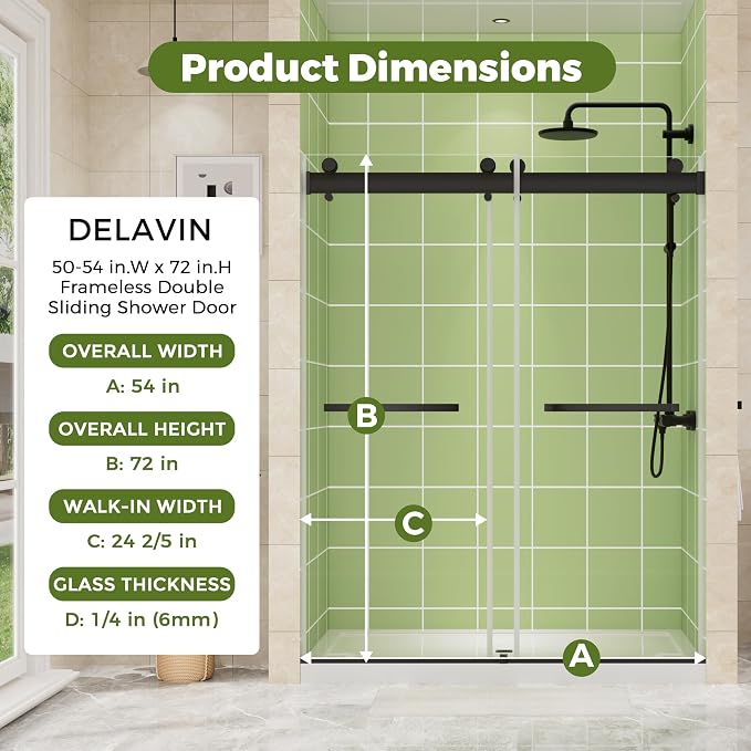 DELAVIN 50-54" W x 72" H Double Sliding Shower Door, Frameless Shower Door - Image 7