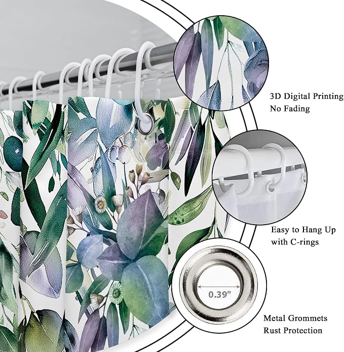 Riyidecor Teal Shower Curtain for Bathroom Decor 72Wx72H Eucalyptus Leaves - Image 9