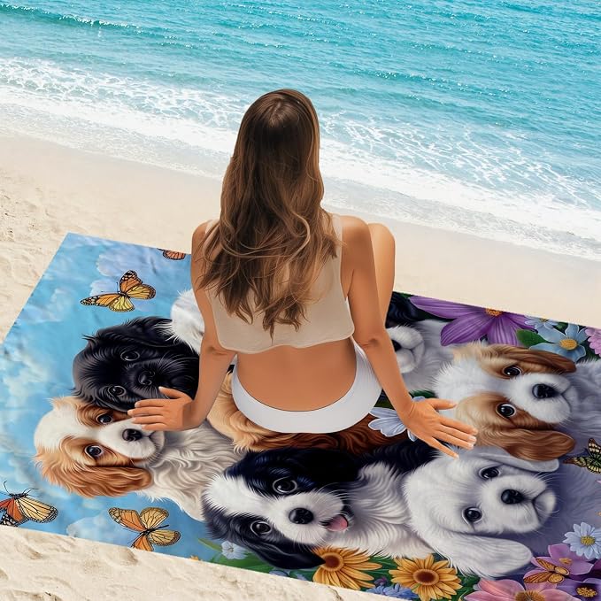 WZOMT Microfiber Dog Beach Towel, Cute Dog Bath Towels, Funny Puppy and Flowers - Image 7