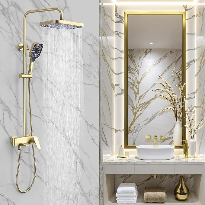 Shower Systems with 12 x8 Inches Rain Shower Head, Brushed Gold Exposed Pipe - Image 9