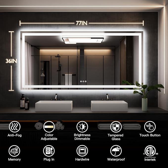 ISKM 77'' x 36'' LED Mirror for Bathroom Lighted Vanity Mirror for Wall Front - Image 7