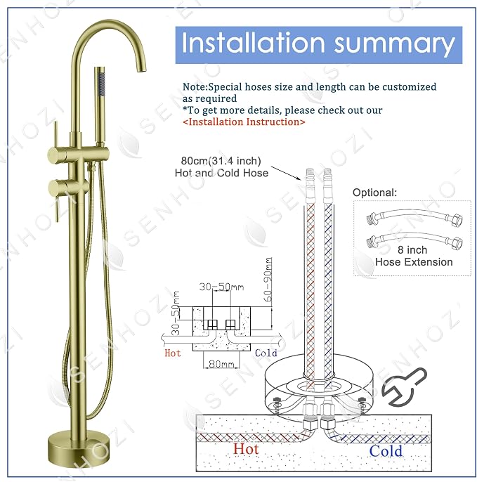 Freestanding Tub Faucet Floor Mount Tub Fillers, Senhozi Brushed Gold Free - Image 7