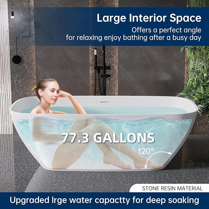59'' Freestanding Bathtub Resin Stone Deep Soaking Tubs Solid Surface Matte Tub - Image 9