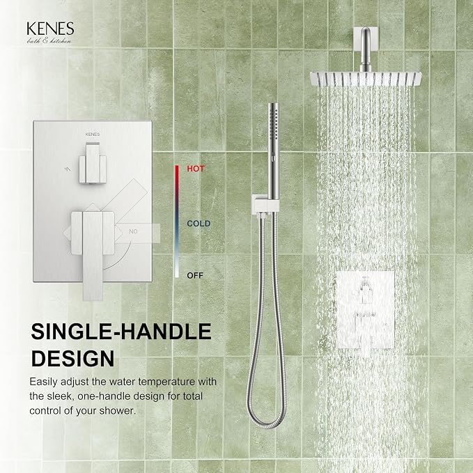 KENES Square Rainfall Shower System Faucet Set, Brushed Nickel Rain Shower Head - Image 9