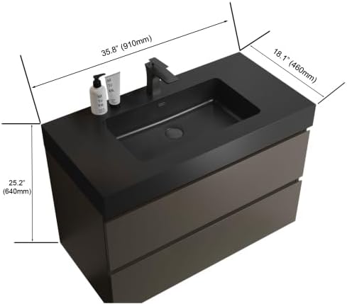 Alice 36 Inch Vanity with Overflow, Large Storage Wall Mounted Floating Vanity - Image 2