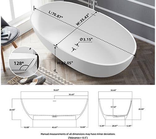 71'' Resin Stone Soaking Bathtub Freestanding Bathtub Solid Surface Modern Tubs - Image 5