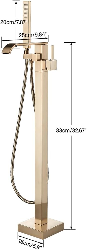 Freestanding Bathtub Faucet Brushed Gold Floor Mount Waterfall Tub Filler High - Image 5