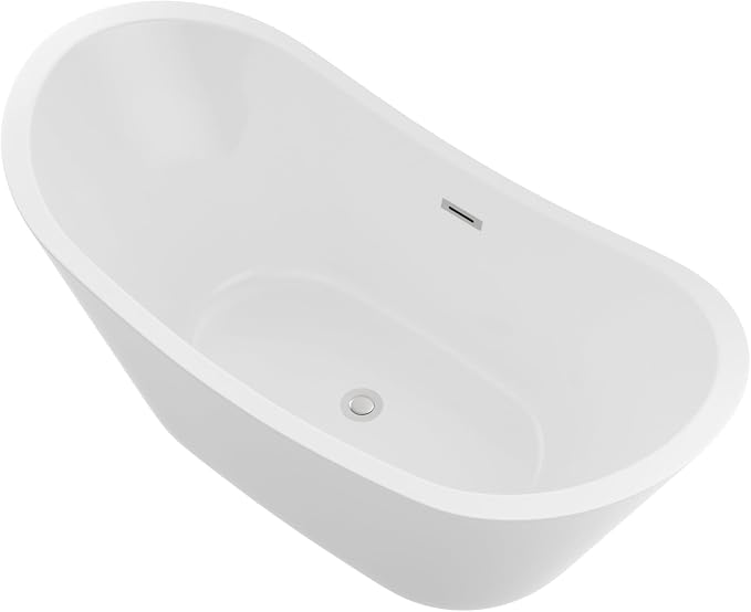 Logmey 59 Inch Freestanding Bathtub White Acrylic Oval Shape Soaking Tub by Logmey
