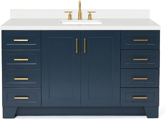 ARIEL 61" Midnight Blue Bathroom Vanity 1.5" Edge Pure White Quartz Countertop by Ariel