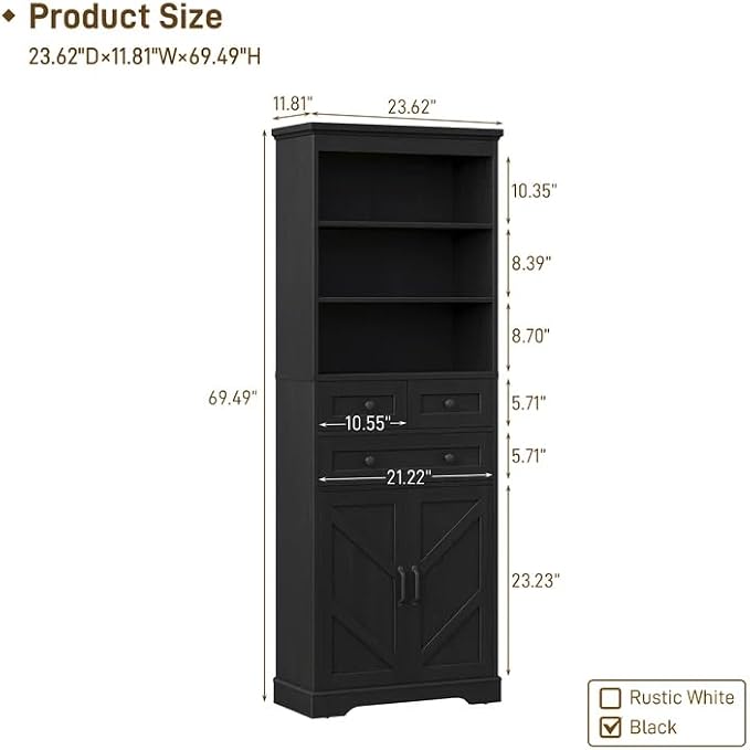 Vabches Farmhouse Bathroom Cabinet, Adjustable Shelves & Doors, 3 Tier Wood - Image 2