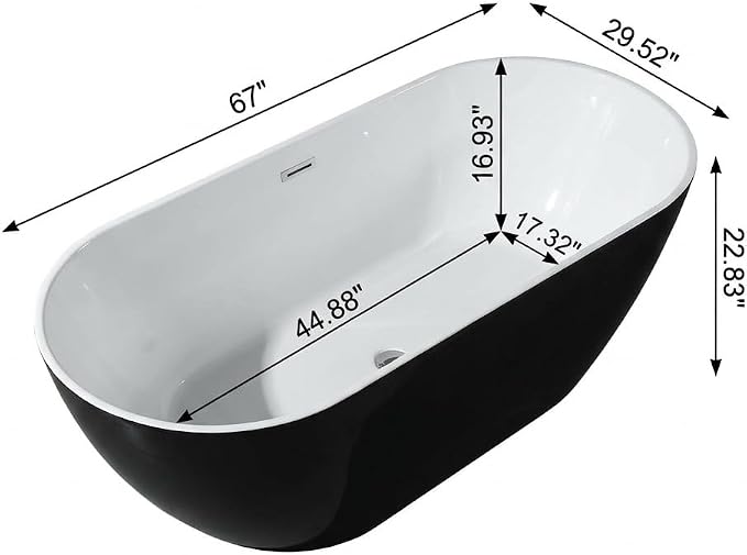 67" Freestanding Acrylic Bathtub, Deep Soaking Tub - Image 2