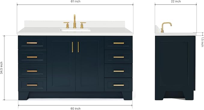 ARIEL 61" Midnight Blue Bathroom Vanity 1.5" Edge Pure White Quartz Countertop - Image 3