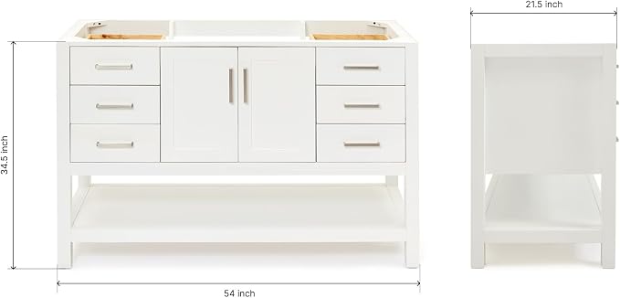 ARIEL 54" White Bathroom Vanity Base Cabinet, Center Rectangular Sink, 2 Soft - Image 3