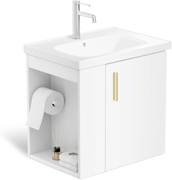 phiestina Pre-Assembled 20 Inch White Floating Small Bathroom Vanity, Wall by Phiestina