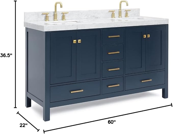 ARIEL Cambridge 60 Inch Midnight Blue Bathroom Vanity Double Sink, Solid Wood - Image 2