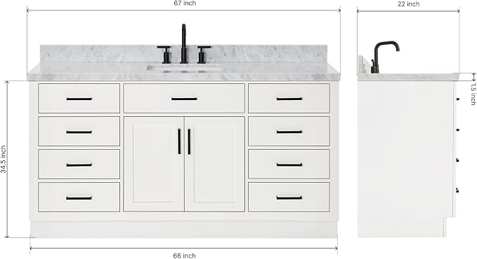 ARIEL 67" White Bathroom Vanity, 1.5" Edge Italian Carrara Marble Countertop & - Image 2