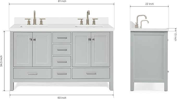ARIEL Cambridge 61 Inch Grey Bathroom Vanity Double Sink, Solid Wood, 1.5-Inch - Image 2