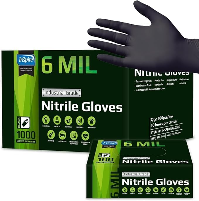 Inspire Black Nitrile Gloves HEAVY DUTY 6 Mil Nitrile Chemical Resistant by Inspire