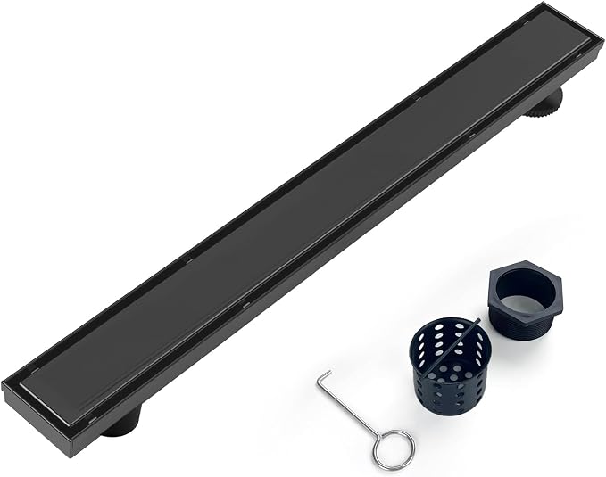 Offset Linear Shower Drain, Brushed 304 Stainless Steel Side Outlet Black by Elefloom