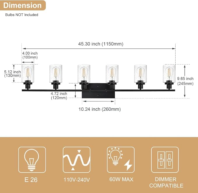 6-Light Seeded Glass Vanity Light Fixtures in Matte Black Finish, 45.3 Inches - Image 4