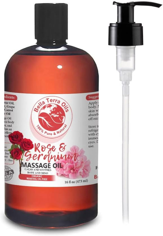 Rose and Geranium Massage Oil Without Mineral Oil. 16 oz. Full Body Massage by BellaTerraOils