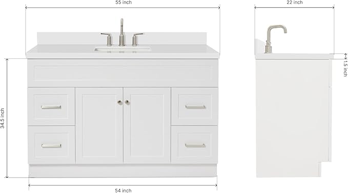 ARIEL 55" White Bathroom Vanity 1.5" Edge Pure White Quartz Countertop & Splash - Image 2