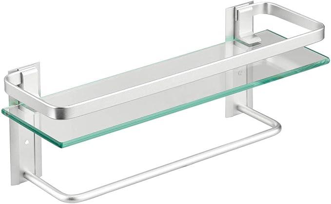 VOLPONE Glass Shelf with Towel Bar 15.7in Silver Bathroom Shelf Wall Mount - Image 7