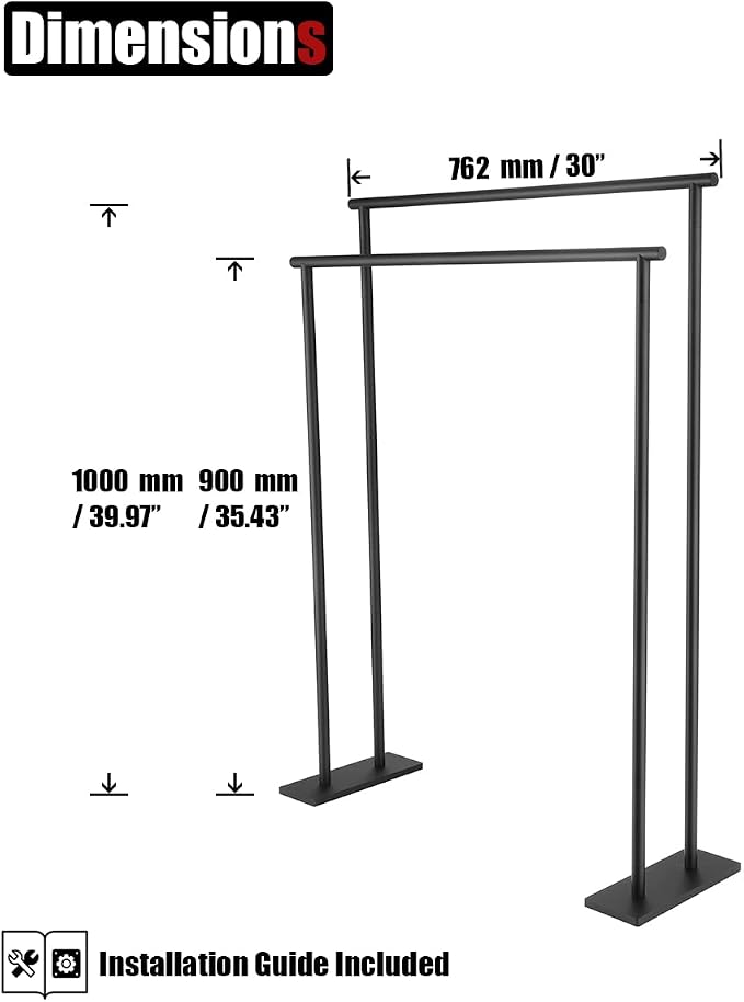 JQK Bath Towel Bar Free Standing Black, 30 Inch Stand Double Towel Rack Holder - Image 2