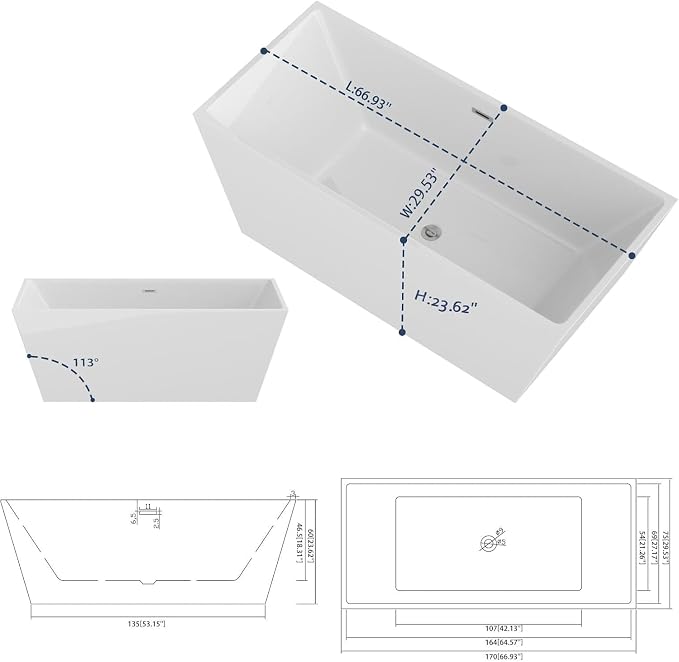Sarlai 67 Inch Acrylic Freestanding Soaking Bathtub Contemporary Soaking White - Image 8