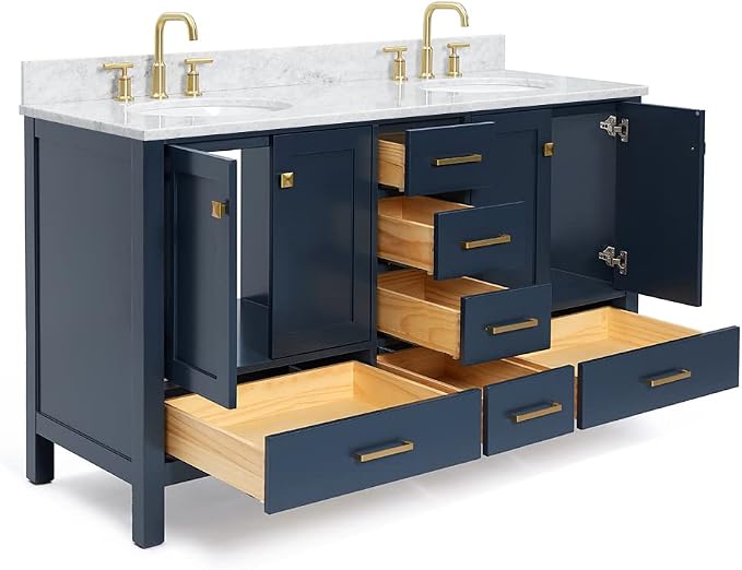 ARIEL Cambridge 61 Inch Midnight Blue Bathroom Vanity Double Sink, Solid Wood - Image 8