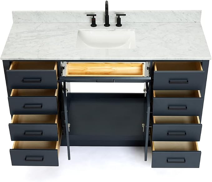 ARIEL Bathroom Vanity 61" Midnight Blue, Italian Carrara Marble Countertop & - Image 5
