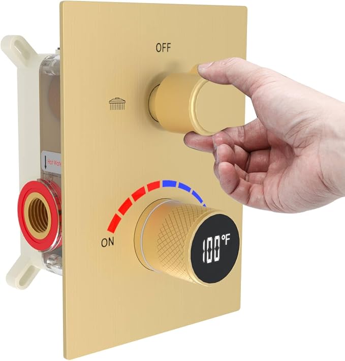 Temperature Display 2 Way Shower Valve Brass Rough-in and Rectangle Trim Kit by FULAIWANG