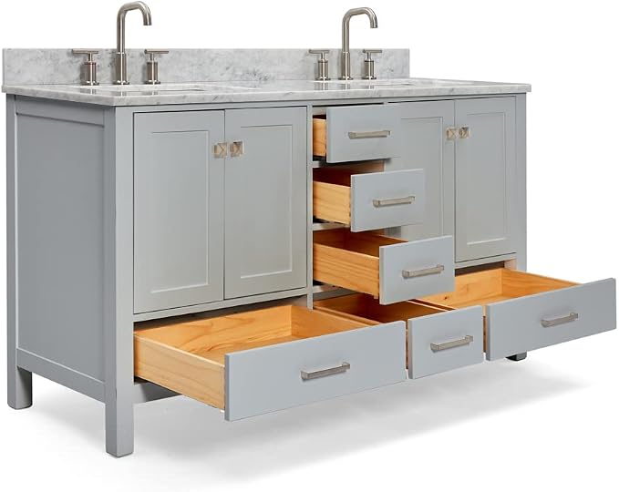 ARIEL Cambridge 61 Inch Grey Bathroom Vanity Double Sink, Solid Wood, Carrara - Image 8