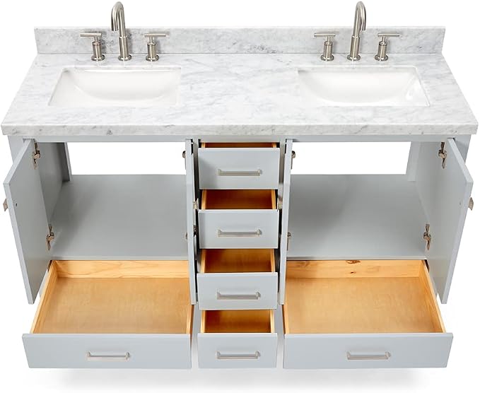 ARIEL Cambridge 61 Inch Grey Bathroom Vanity Double Sink, Solid Wood, Carrara - Image 6