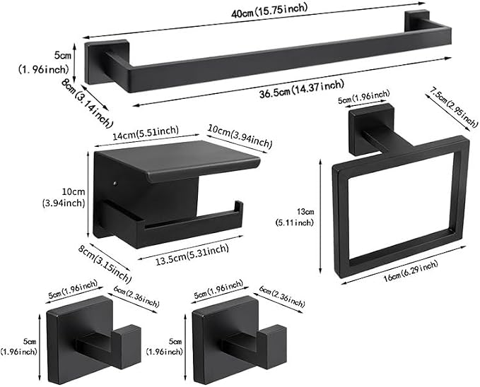 16-inch Black Towel Rack Set, SUS304 Stainless Steel Bathroom Wall-Mounted - Image 7